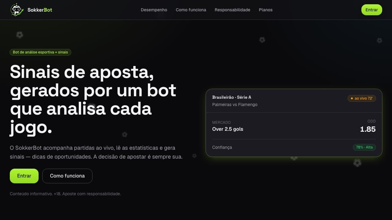 Sokker Bot landing page, showing a live match signal card